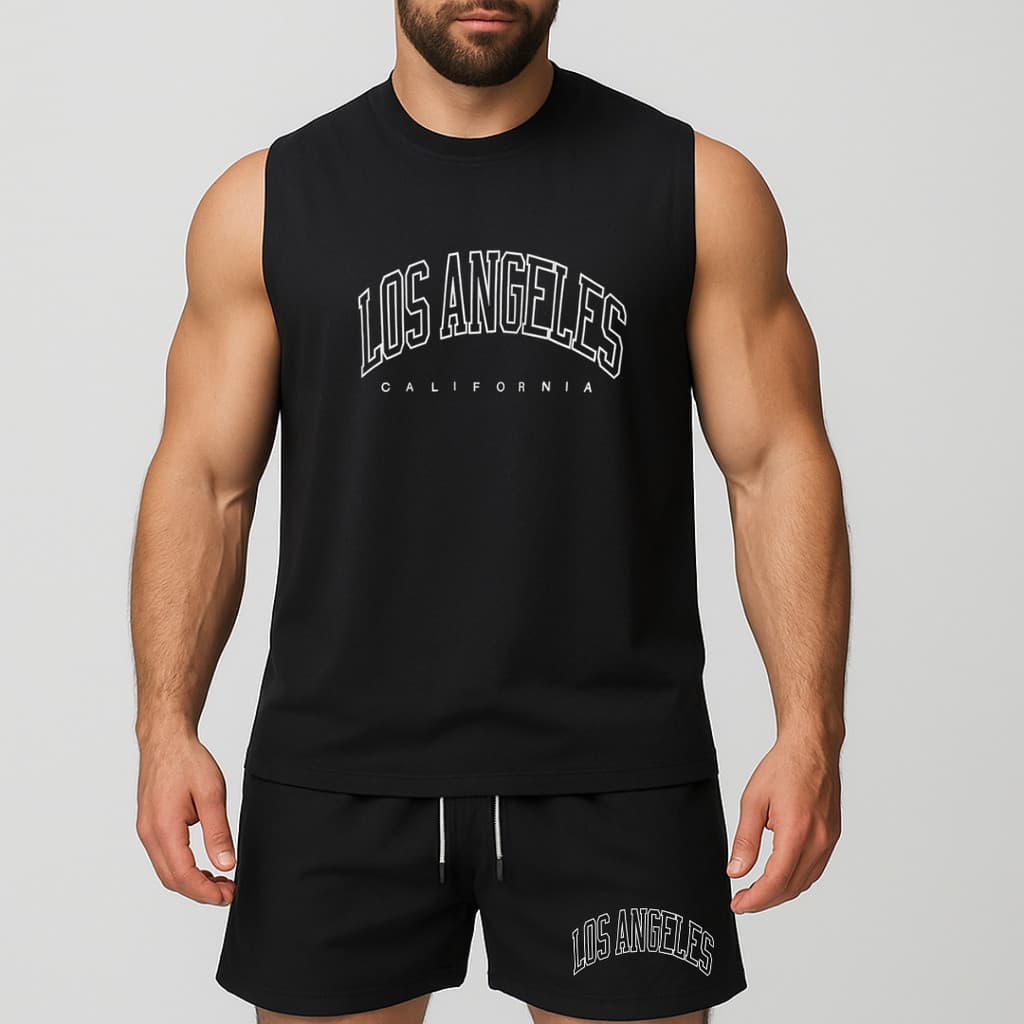 conjunto regata oversized e short de tactel de academia másculino estampada los angeles