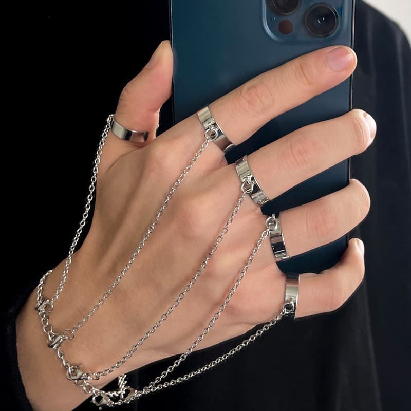Pulseira Anel Corrente Mão Prata Punk Gótico Ajustável Unissex Rock Fashion Acessório Presente