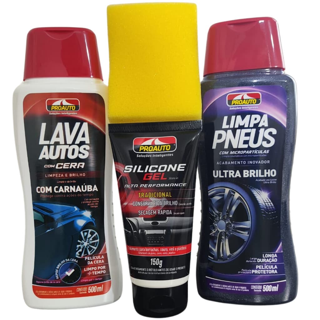 Kit Limpeza Proauto Completo – Shampoo, Pretinho, Silicone e Esponja para Cuidados Automotivos