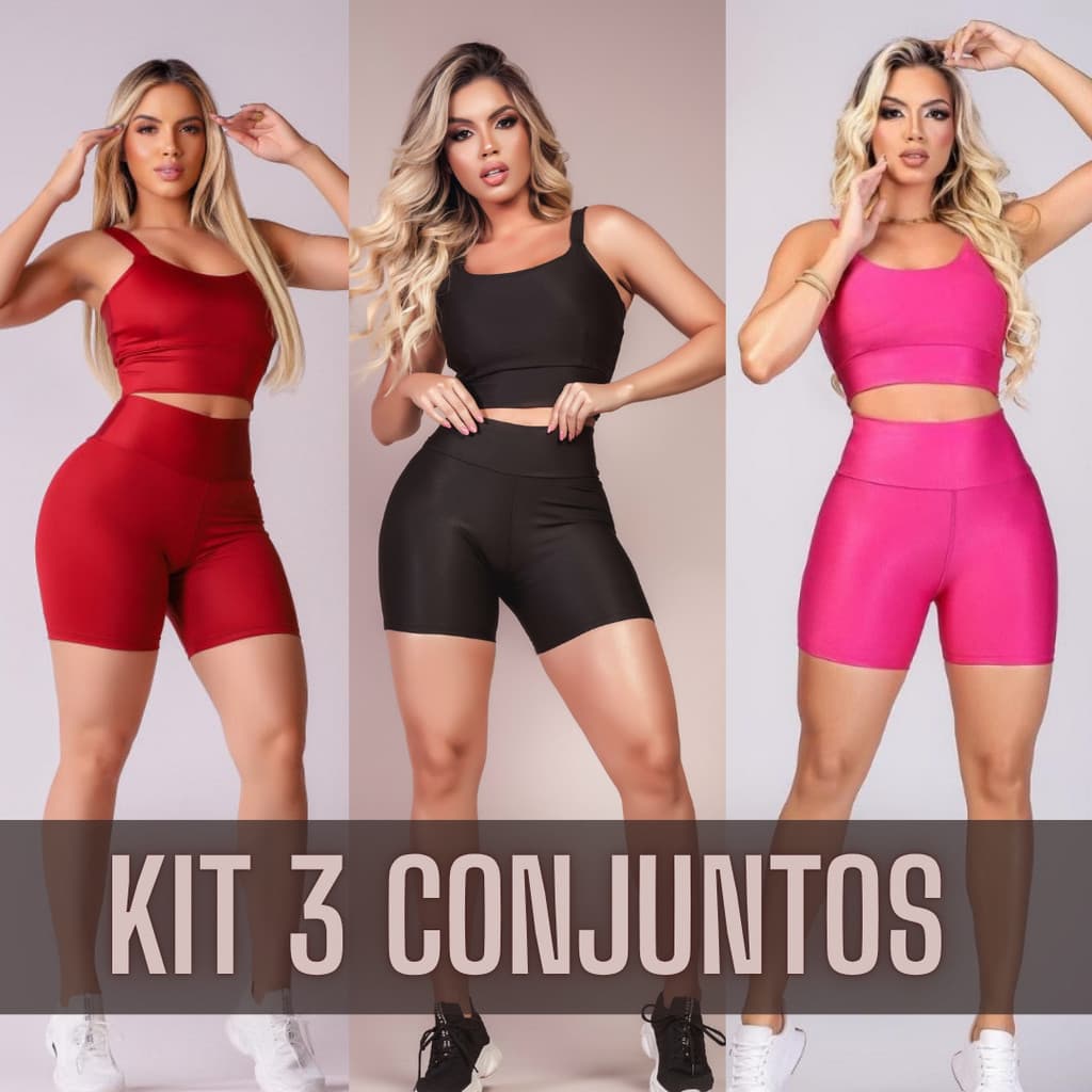 KIT 3 CONJUNTOS FINTESS FEMININO CROPPED E SHORT - CONJUNTO ACADEMIA CINTURA ALTA