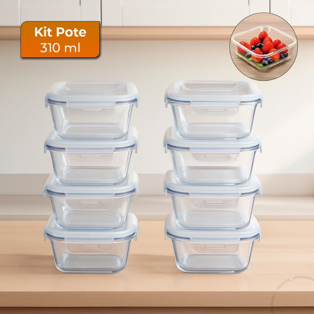 Kit Pote Hermético De Vidro Borossilicato 310 Ml 2/4 ou 8 Unid Marmita Mantimentos Quadrado 4 Travas