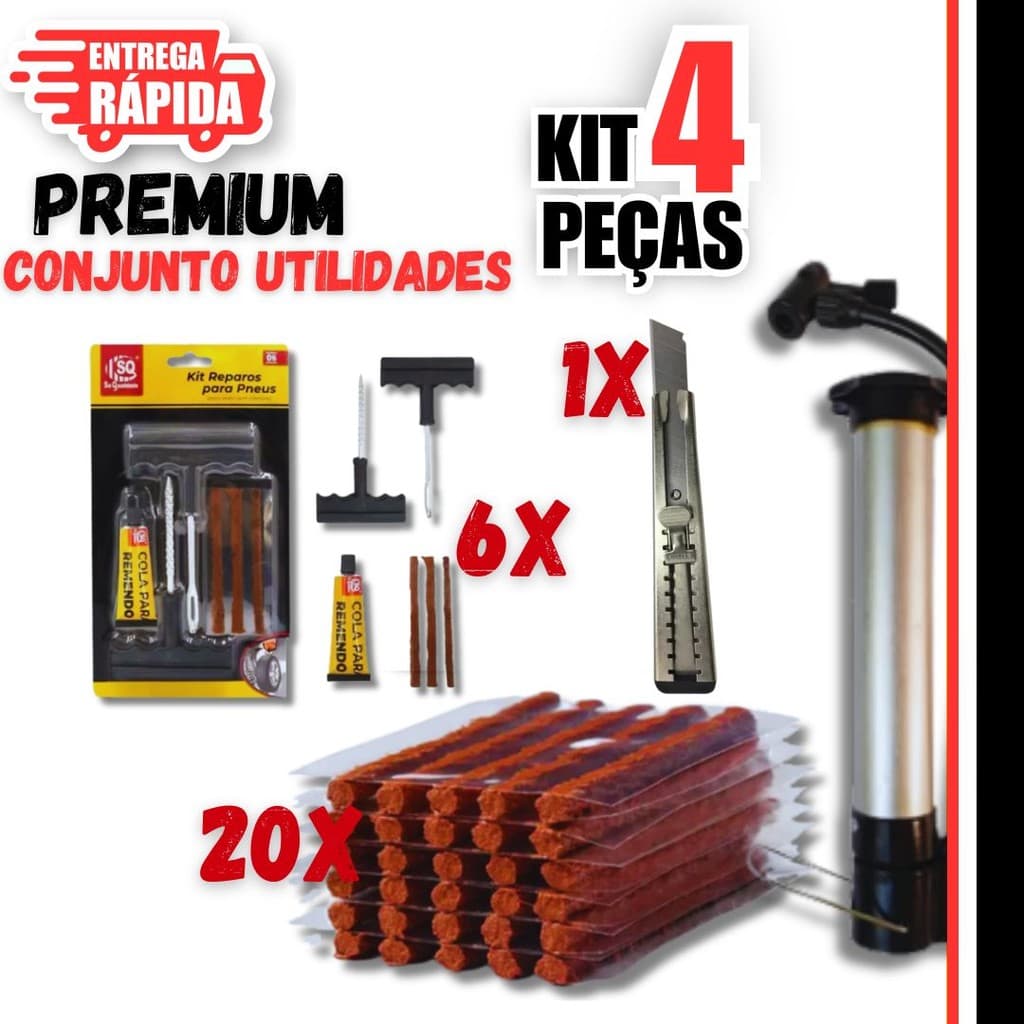4 Peças sendo Reparo Pneu 28 Peças sem Camara para Carro e Moto + 20 Peças Refil + 1 Bomba de ar + 1 Estilete