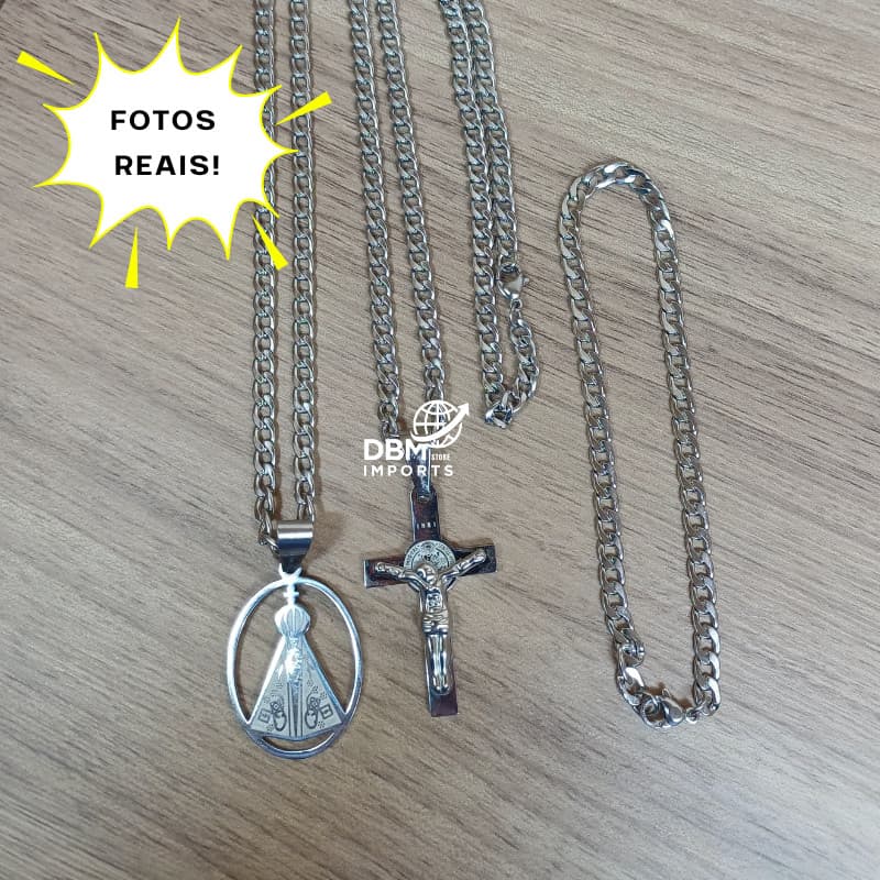 Corrente Masculina Aço Inox 316L Nossa Senhora Aparecida + Crucifixo + Pulseira Esti lo Grumet c