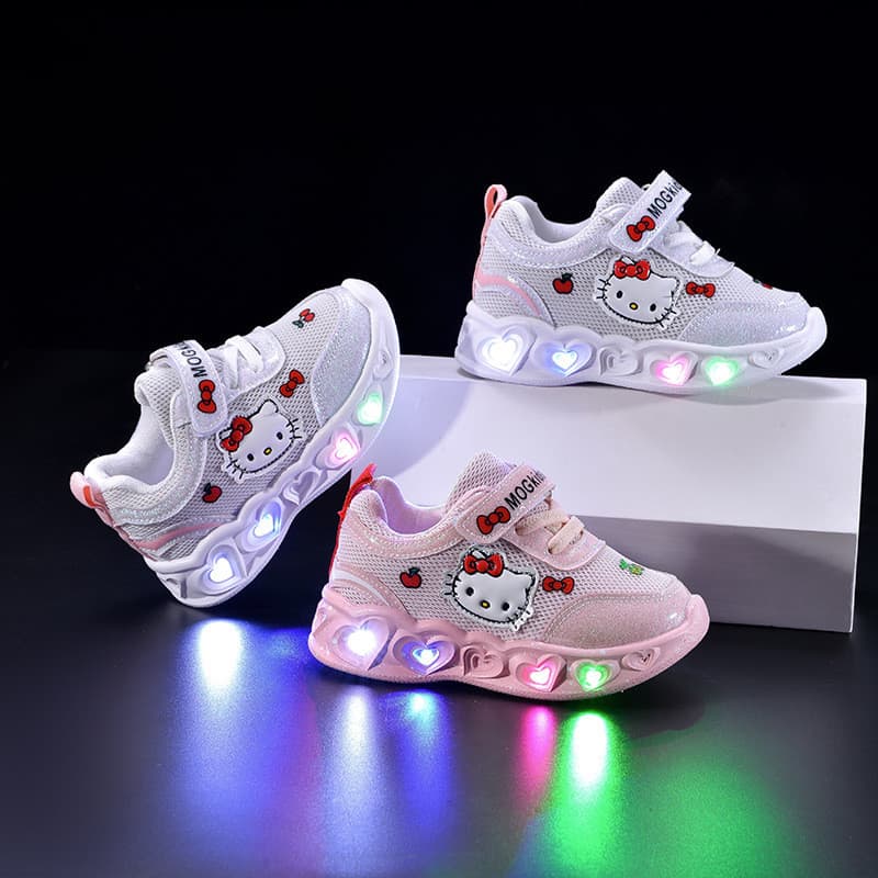 Cartoon Hello Kitty Calçados esportivos infantis malha respirável sapatos luminosos