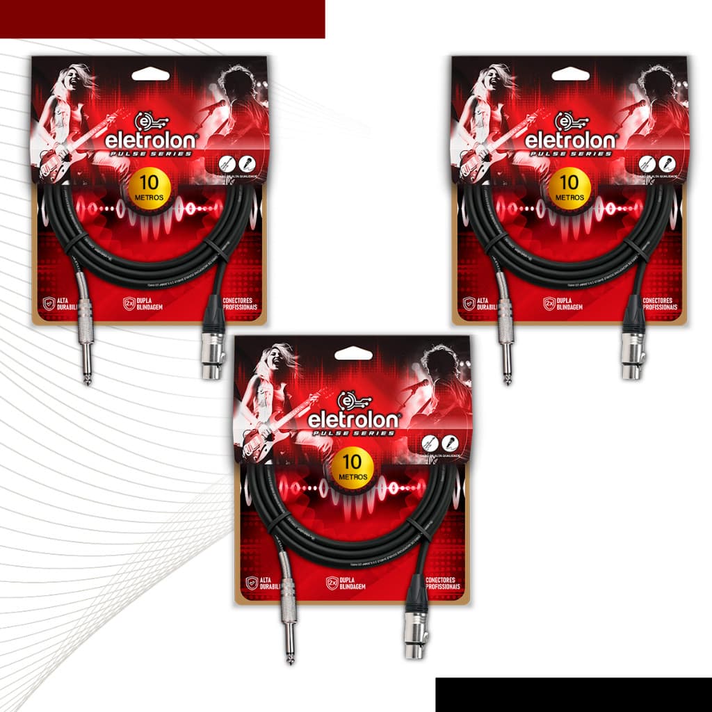 Kit 3 Cabo De Microfone P10 Mono Para Xlr Fêmea 10m Metros - Pulse Eletrolon