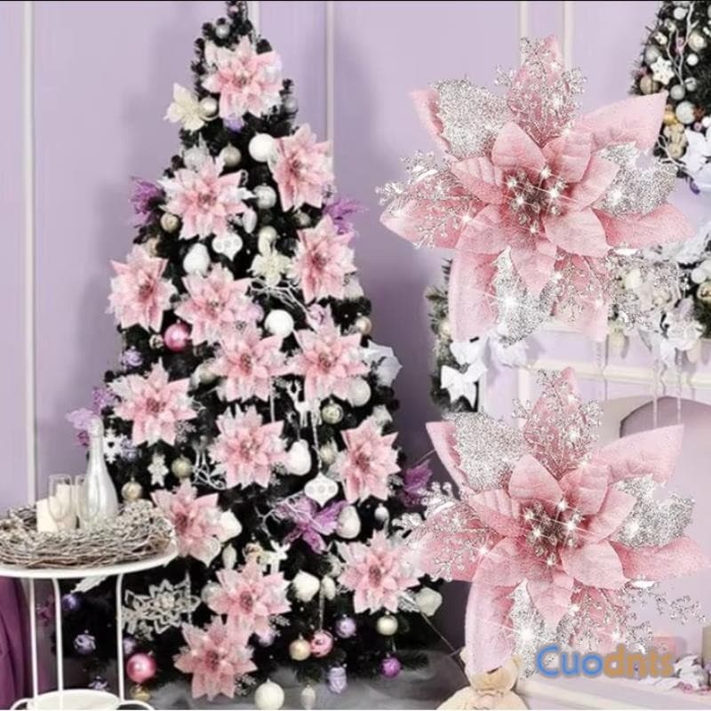 10/5/1pcs 14,5cm Glitter Flores De natal Artificiais Decoração Árvore Feliz Ano Novo Ornamentos Xmas Fake Flowers