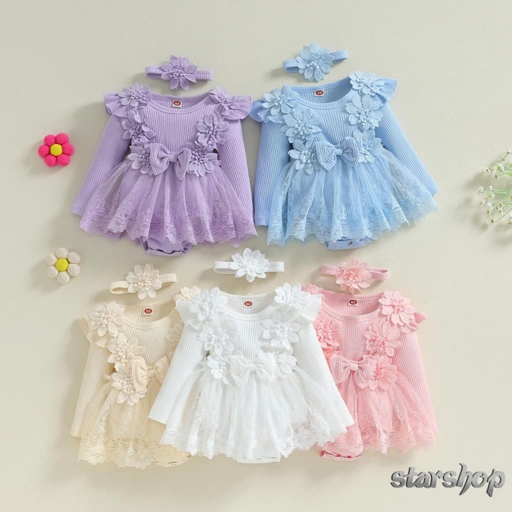 Starshop-2-Piece Baby Girls Set 3D Flower Bow Manga Longa Vestido De Malha Romper Fita De Cabeça Adorável Costelas