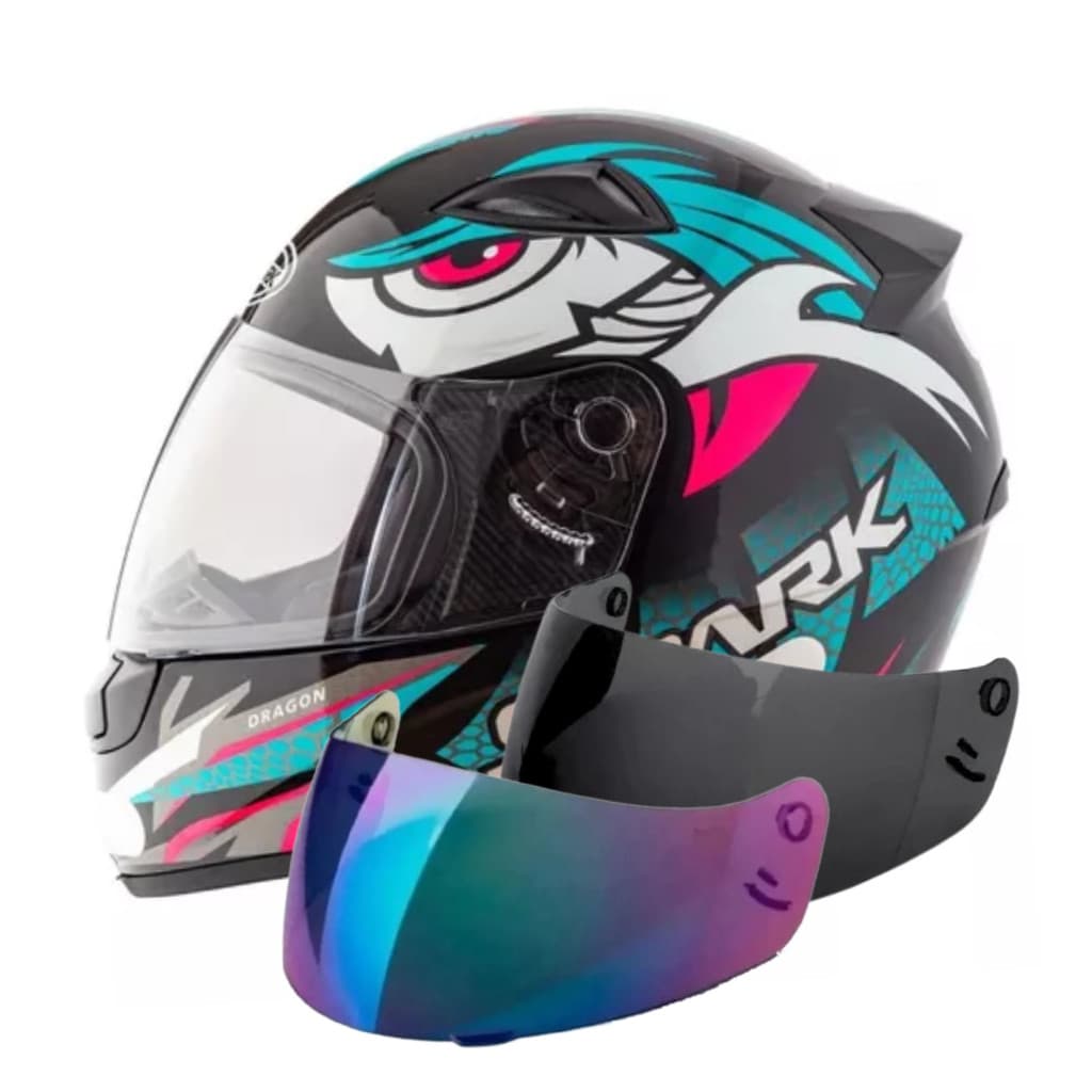Capacete Ebf Moto Fechado Spark Dragon Eagle Preto Tiffany Mais Viseira Fumê e Camaleão