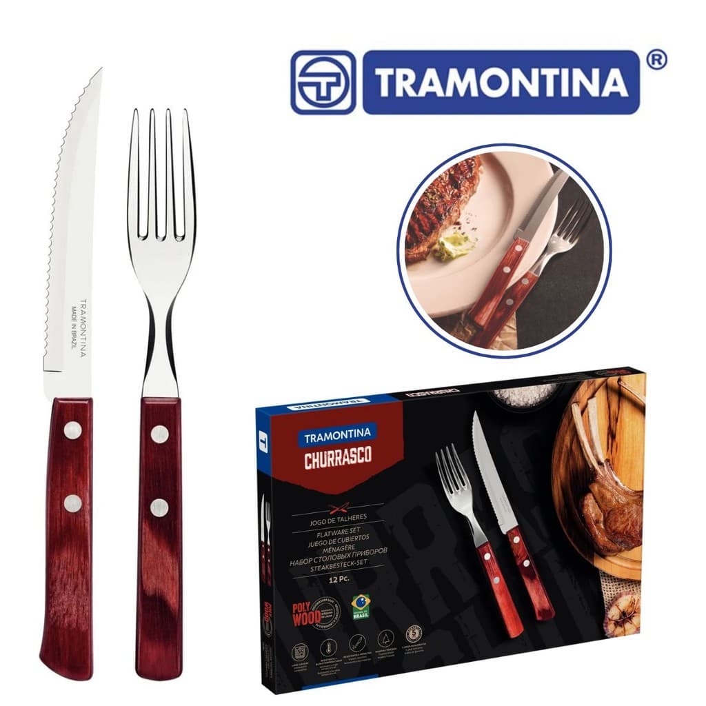 Jogo de Talheres 12 peças Faqueiro Inox Polywood para Churrasco Madeira Garfo e Faca - Tramontina