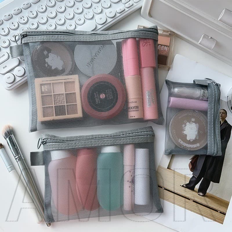 Bolsa Cosmética De Malha Cinza-Para Uso Diário , De Maquiagem-Organizador Ao Ar Livre E De Viagem-Grande Capacidade , Transparente , Portátil-Armazenamento De 3 Tamanhos