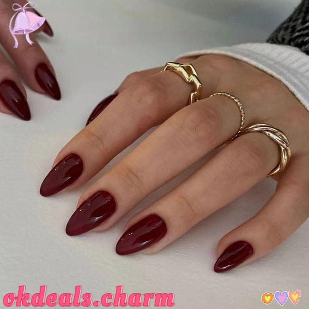 OKDEALS 30 Peças De Unhas Falsas , Postiças Simples De Amêndoa Longa , Prensa Francesa Destacável Em Cor Cereja Nas
