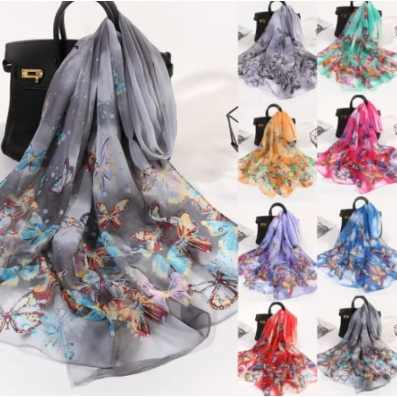 Ultra-Fino Macio Chiffon Proteção Solar Toalha De Praia Borboleta Impresso Longo Cachecol Xale Feminino