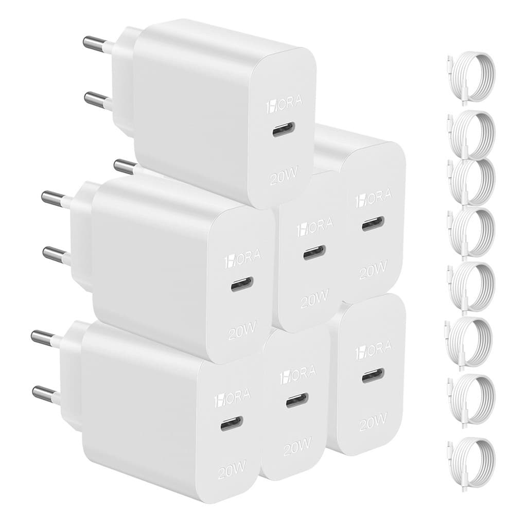 KIT 7X Carregador Usb C 1Hora, Pd20W + Cabo Usb C 1 Metro Branco
