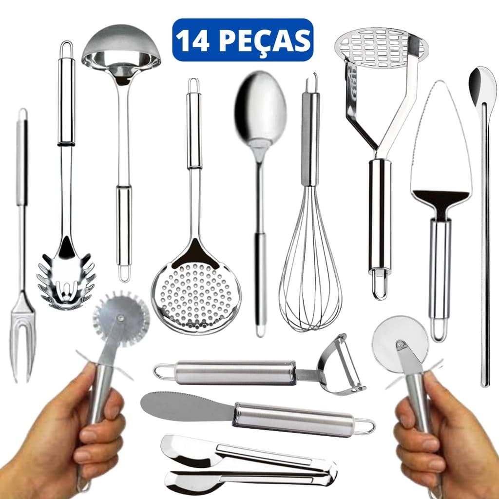 Kit 14 Utensílios De Aço Inox Multiuso Profissional