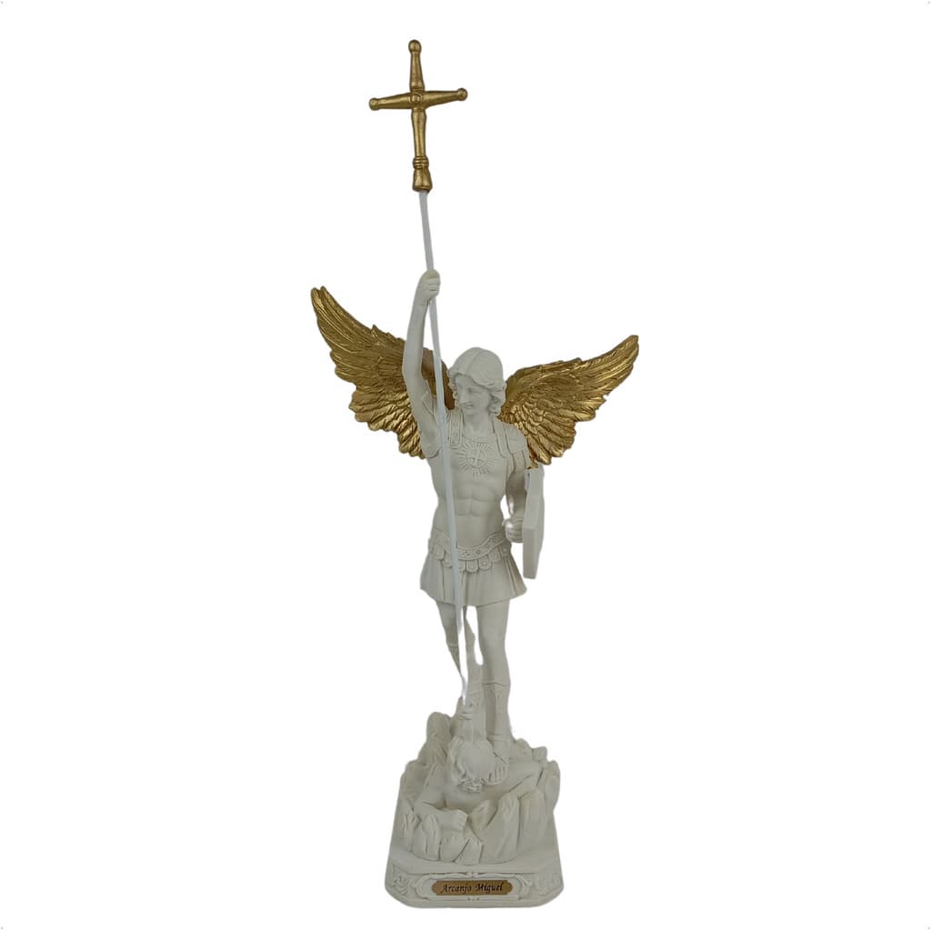 Estatua Imagem Santo Arcanjo Miguel Guerreiro, com Escudo Branco, em Resina Premium 30 cm altura