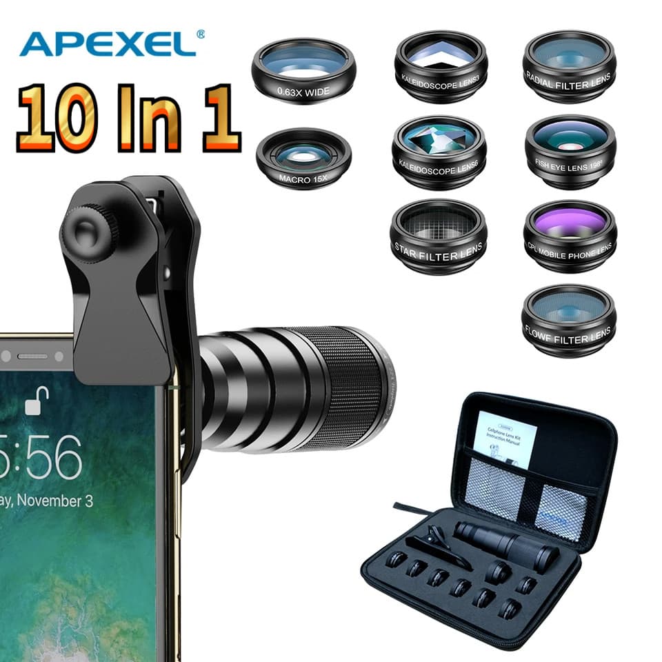 Kit de Lente Tele APEXEL 22X para Samsung iPhone, Conjunto 10 em 1, Lente de Câmera para Telefone, Lente Macro Larga par