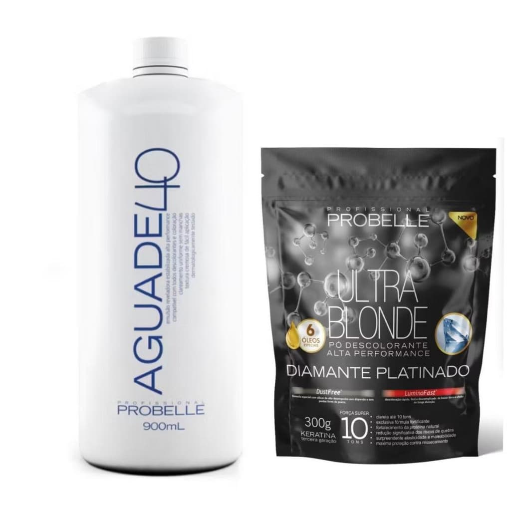 Kit Pó Descolorante Diamante Platinado Stand Pouch  300G+Agua Oxigenada 900 ML 40 V Probelle