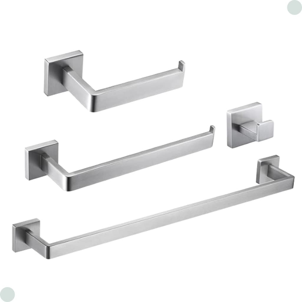 KIT ACESSORIOS BANHEIRO AÇO INOX ESCOVADO FOSCO 4 PEÇAS ACABAMENTO QUADRADO