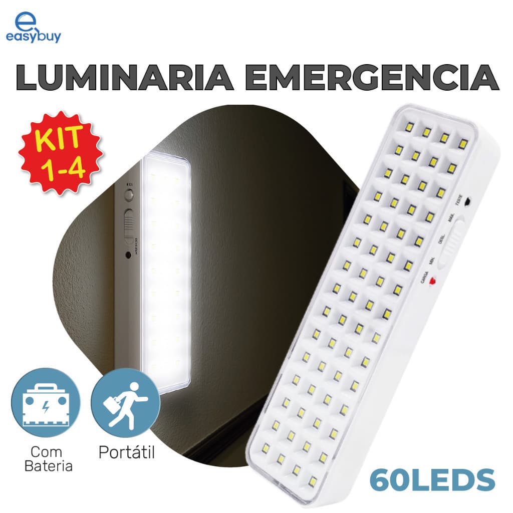 Kit 4 Luminária Emergência Lâmpada 60 Leds Recarregável Bivolt Luz Branca (Branco Frio 6,500K)