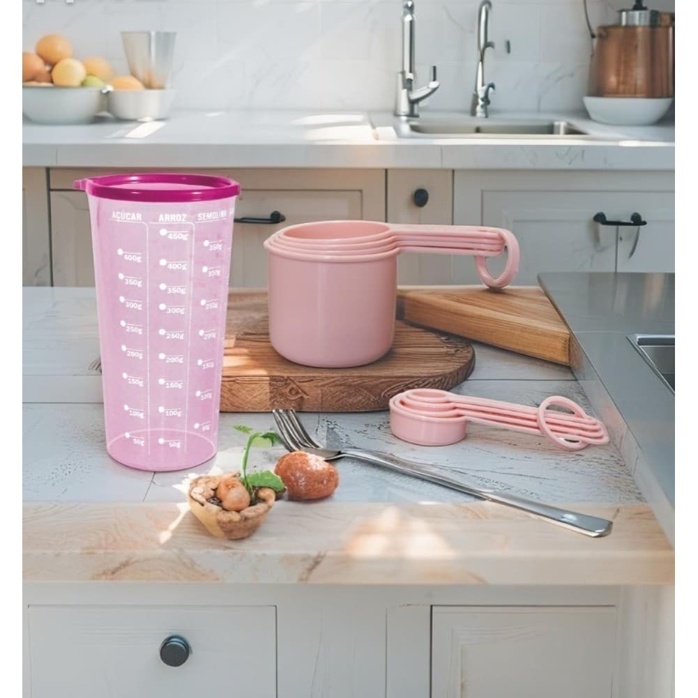 Kit Medidores 9 Peças Cozinha com Copo 500ml Tampa Xícaras e Colheres Medidoras