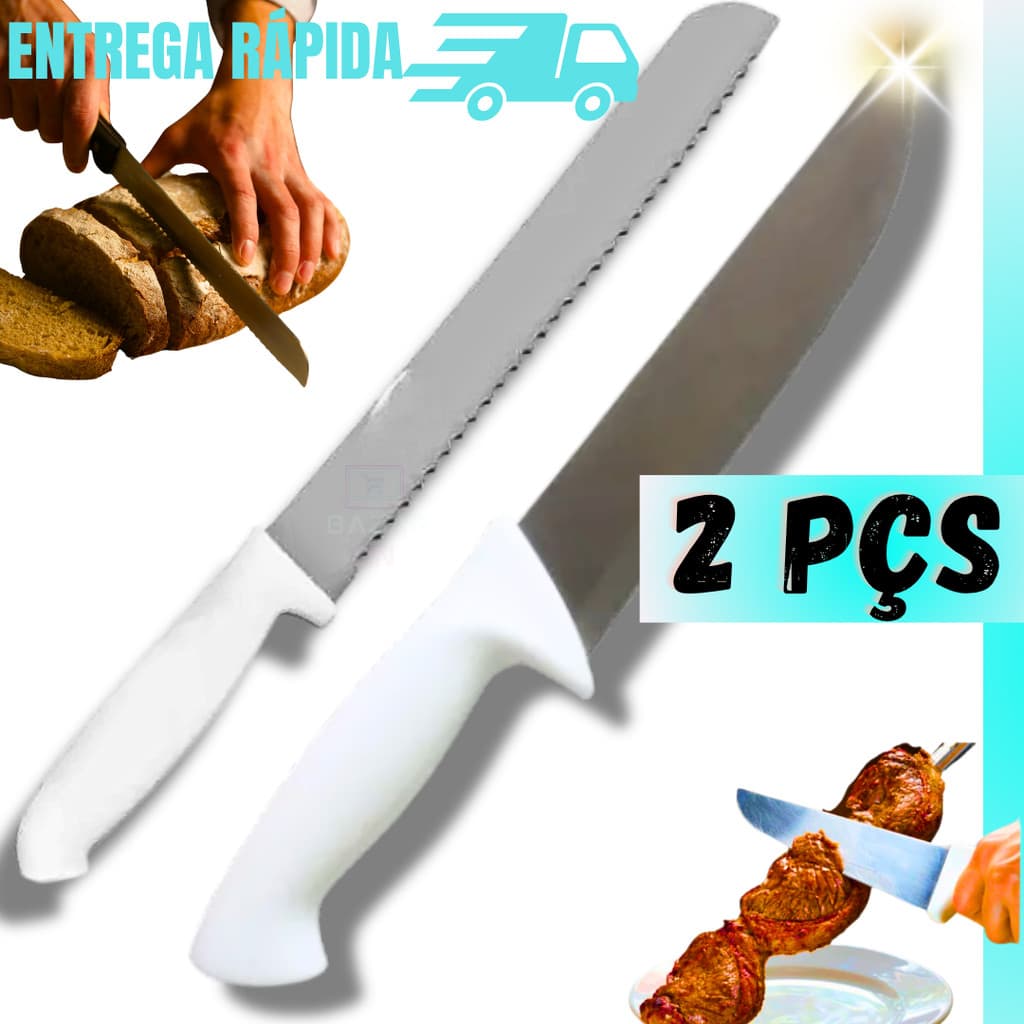 Kit 2 Peças Facas Para Pão Cabo Branco + Faca Peixeira Carne Churrasco Grande Serra Afiado Aço Inox