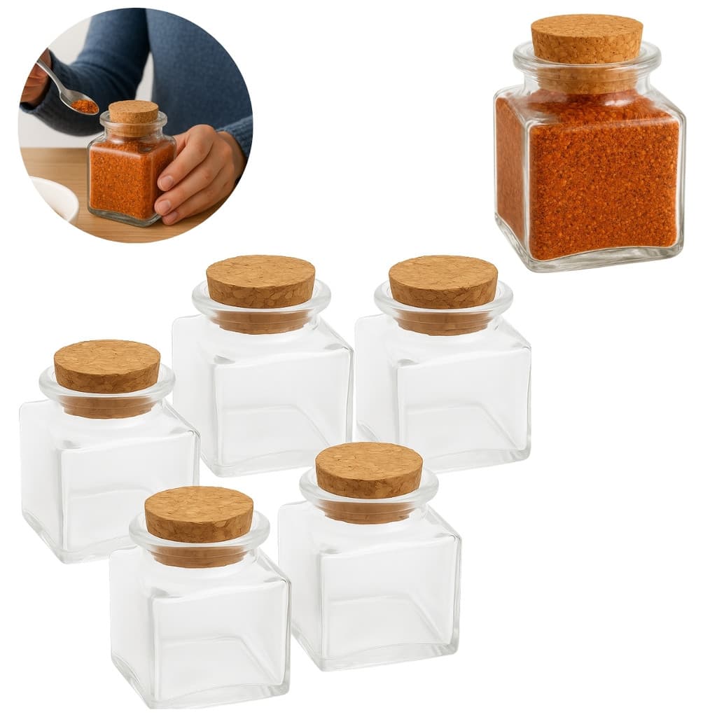 5 Porta Condimentos Tempero Quadrado de Vidro 50 ml C/ Rolha