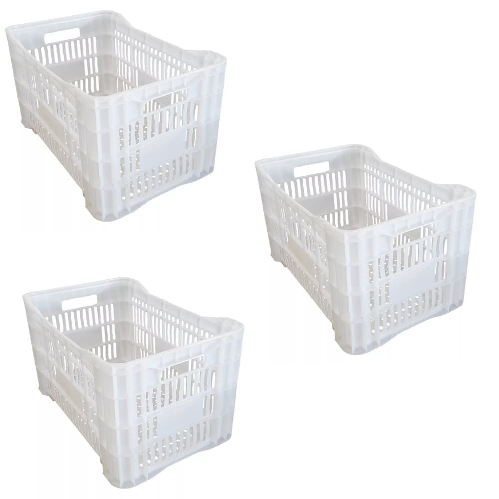 Kit Caixas Plásticas Empilháveis Vazadas Branca  Ideal para Hortifruti e Compras Frutas e Verduras