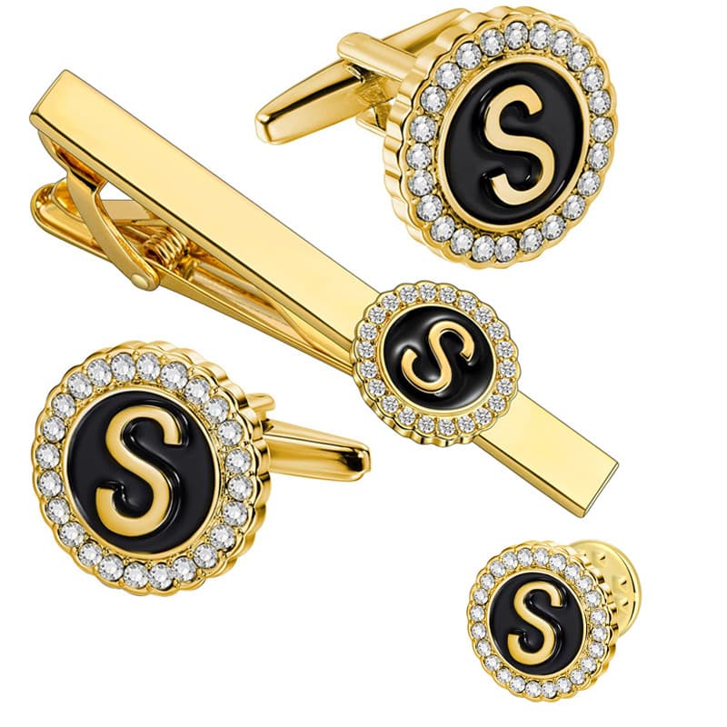 Conjunto De 4 Peças De Clipe De Gravata Dourado E Abotoaduras Para Homens , Barra Masculinas Com Letra Az Gravada Person