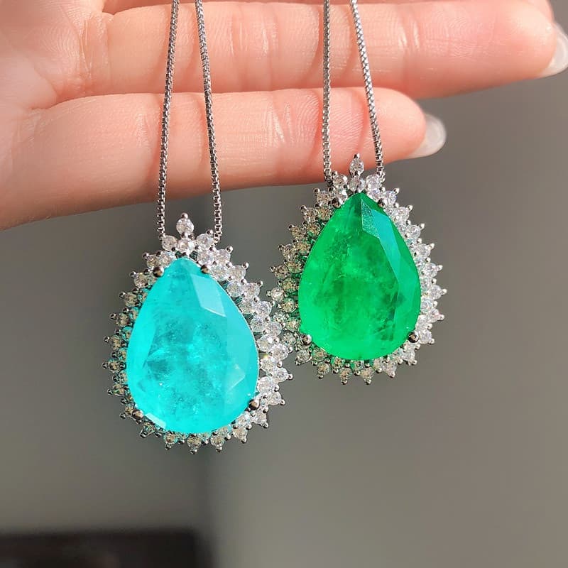 Novas Senhoras S925 Colar De Corrente De Prata Paraiba Lab Tourmalina Esmeralda Pedra Pingente Jóias De Gota D'água