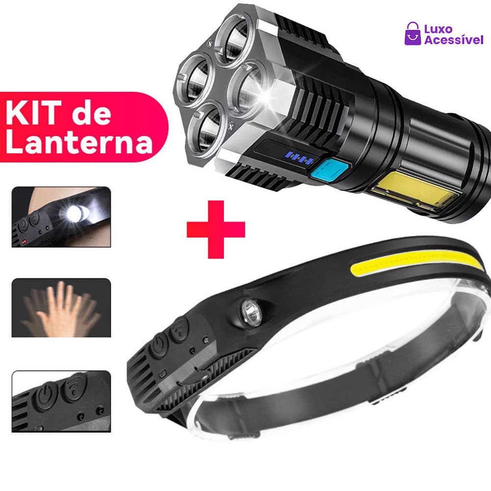 KIT de Lanterna Tatica Recarregavel + Lanterna de Cabeça Led Corpo Motion Camping Torch Light Lamp Com Usb,RX-283 Pro