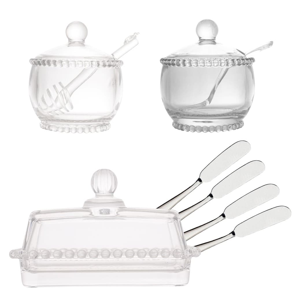 Kit Manteigueira Vidro + Kit Espátulas Para Manteiga + Açucareiro Cristal + Porta Mel Com Colher