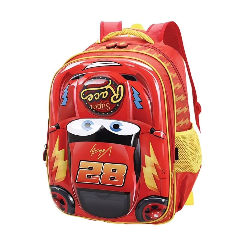 Mochila Escolar Costa Infantil Masculina Carros 3d Alto Relevo Grande Vermelho e Azul