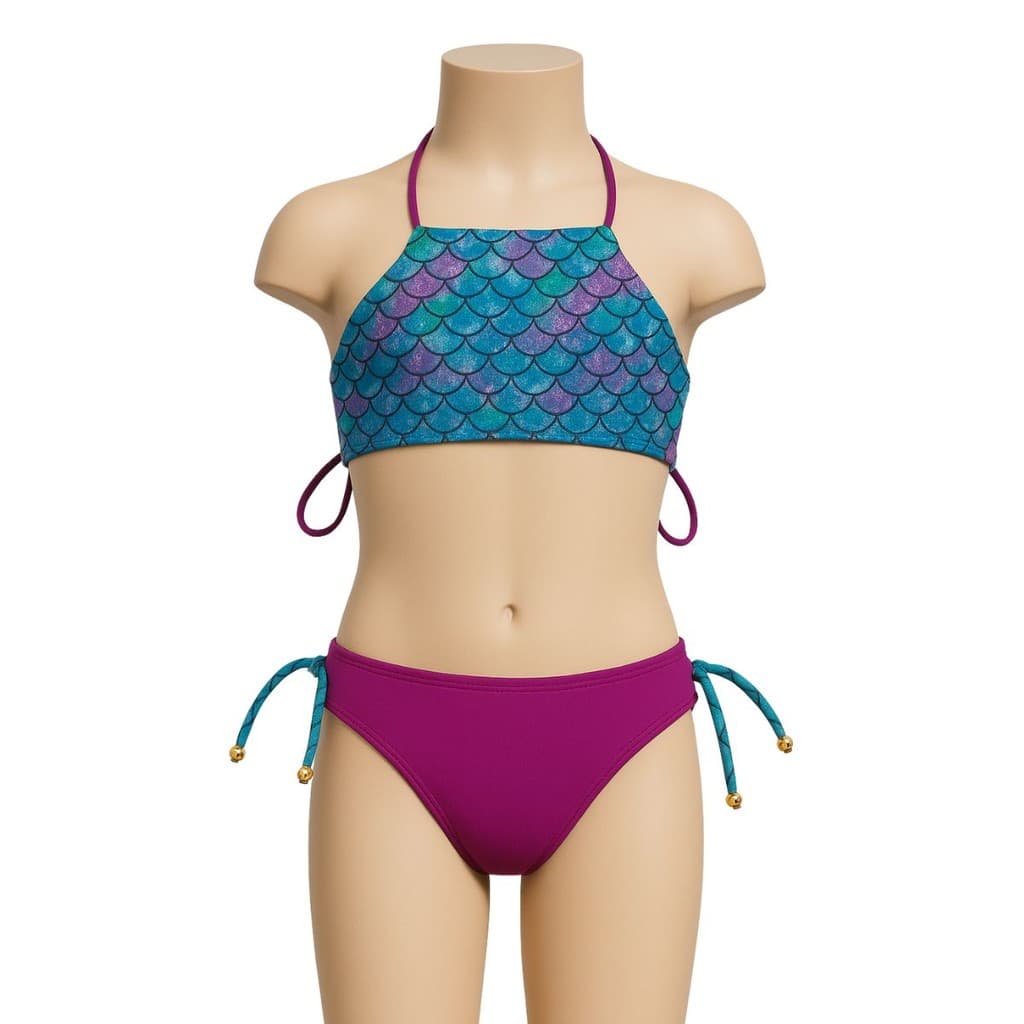 Biquíni Infantil Sereia Escamas e Roxo Halter com Laços