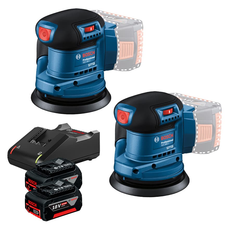 Kit com 2 Lixadeira Roto Orbital 5" Motor Brushless GEX 185-LI + 2 Bateria 4Ah + Carregador Rápido Bosch