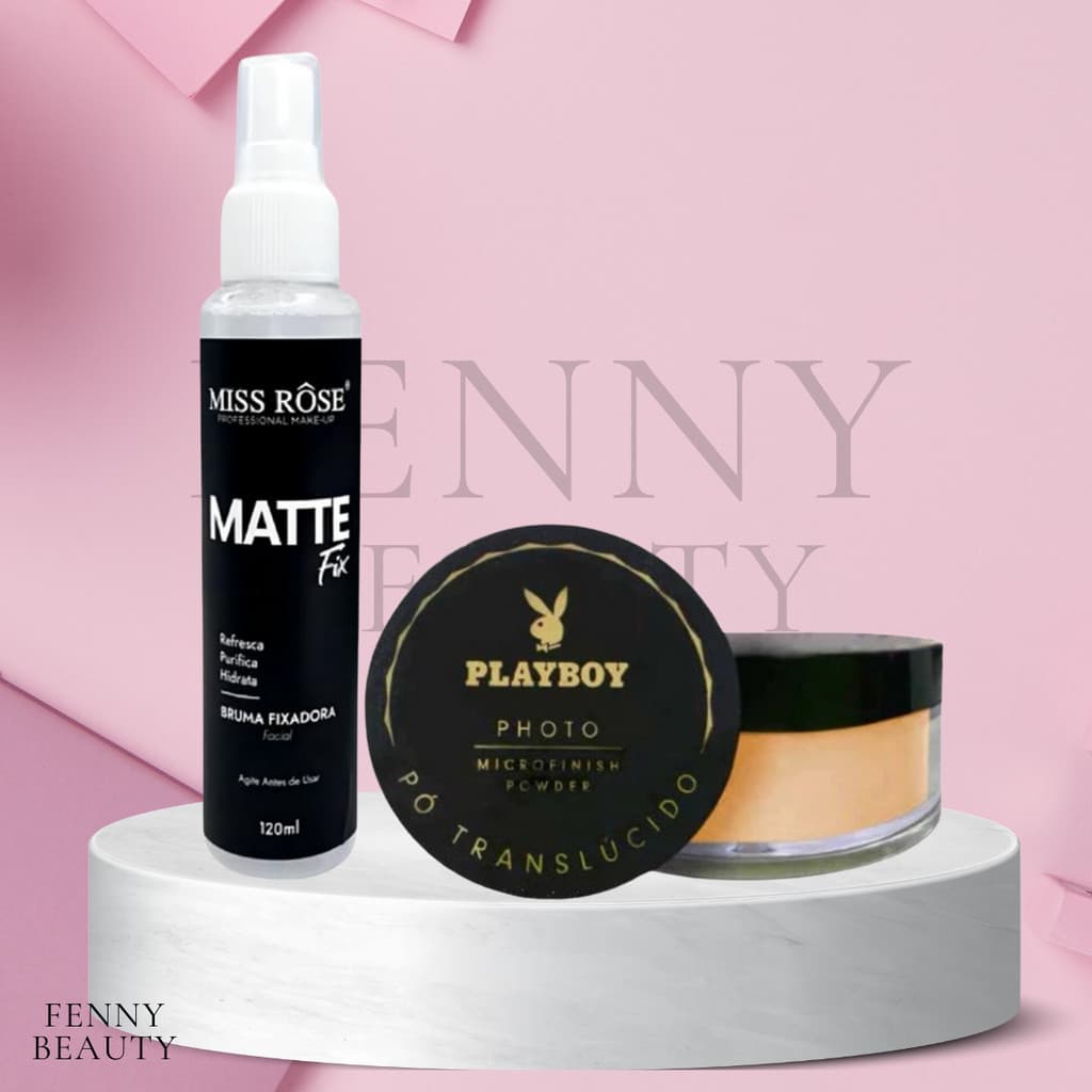 Kit Pó Finalizador Microfinsh Powder Prova D'agua - Playboy + Bruma FIxadora Matte Fix - Miss Rose
