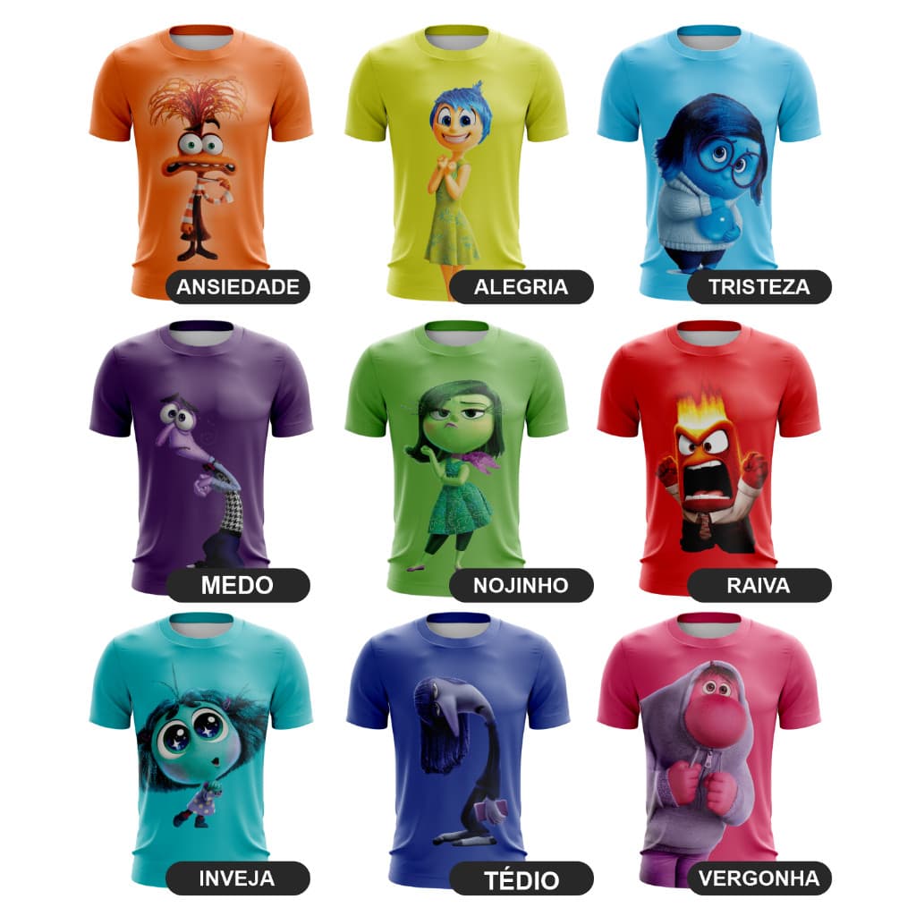 Camisa personagens divertidamente 2 todos personagens Ansiedade Alegria Tristeza Medo Vergonha Hype