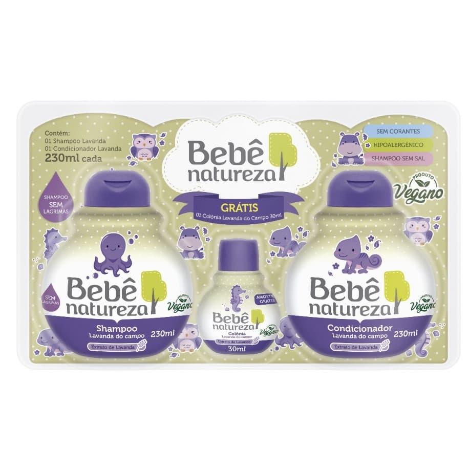 Kit Bebe Natureza Lavanda Colônia Shampoo e Condicionador Hipoalergênico Sem Lágrimas Linha Infantil