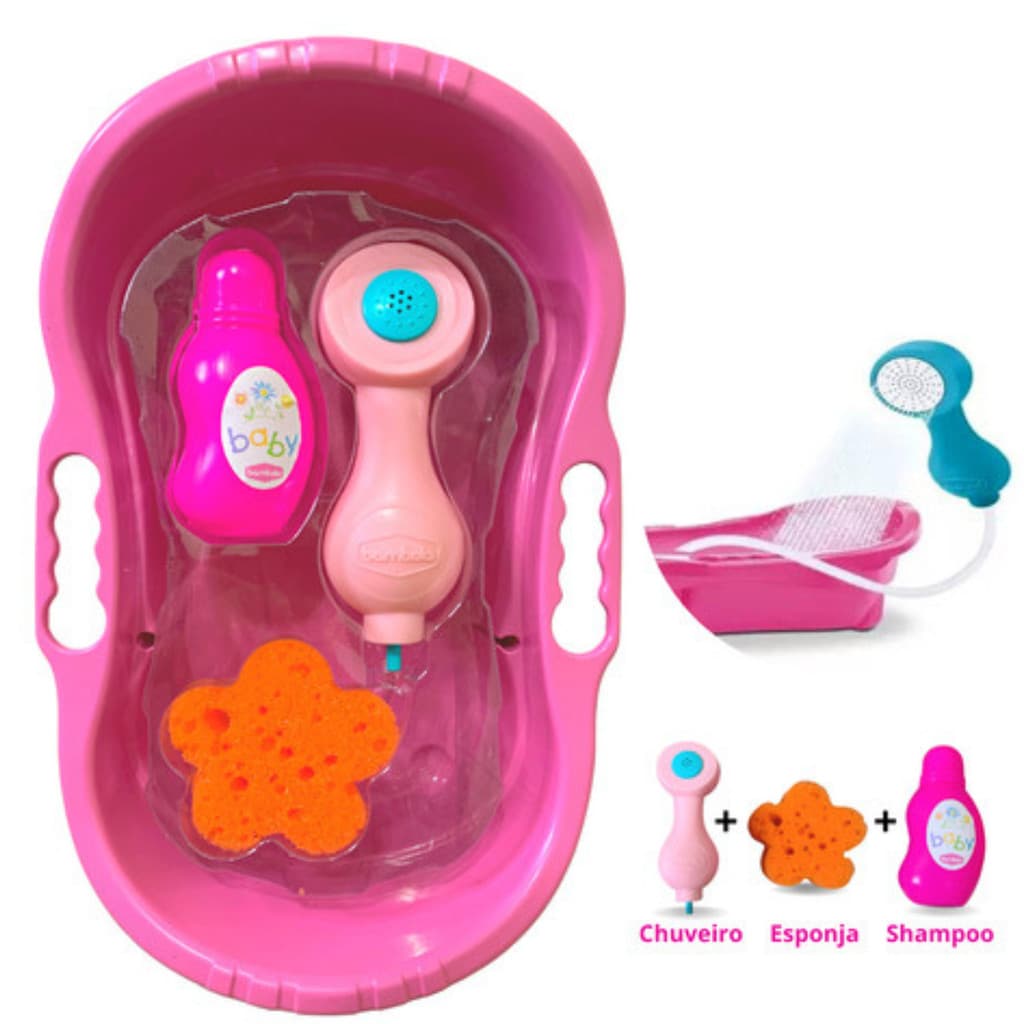 Kit Banheira Para Boneca Com Chuveirinho + Shampoo + Esponja Presente Meninas Dia das Crianças Natal