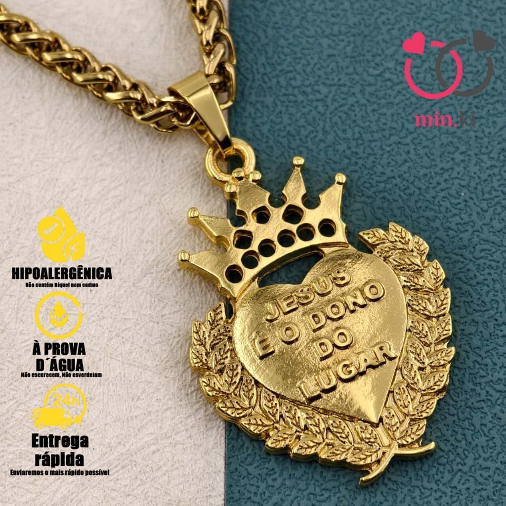 Colar com Cordão Friso e Grande Pingente de Moeda Antiga em Ouro 18K - Jesus Dono do Lugar, Não