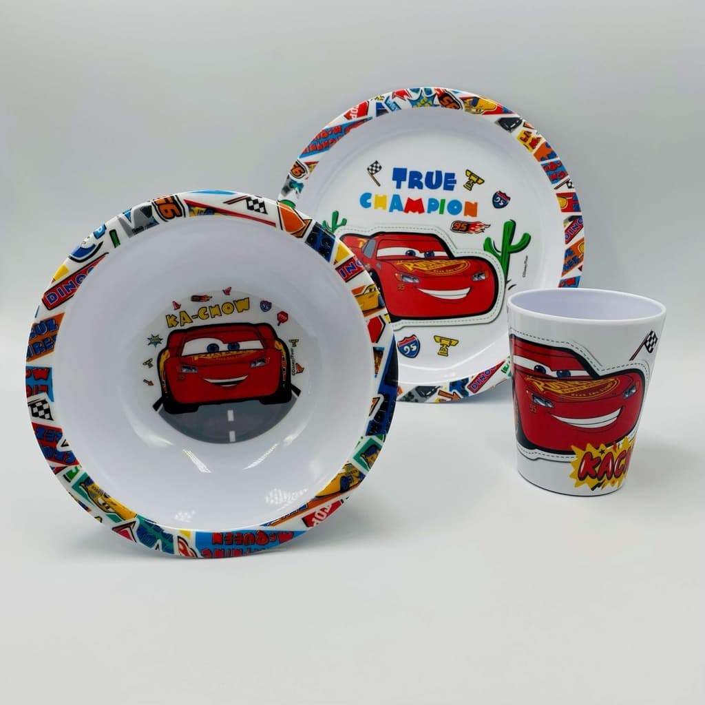 Kit para mesa posta prato Infantil em Melamina Carros - 3 peças alimentação