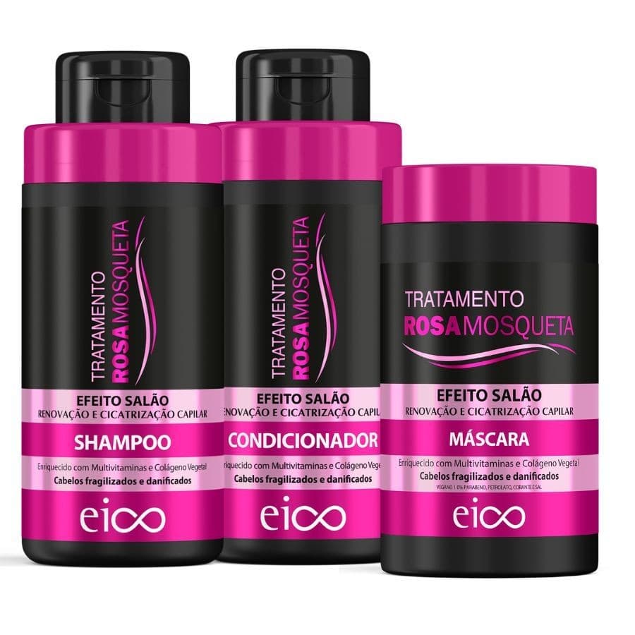 Kit Eico Tratamento Rosa Mosqueta Shampoo 450ml Condicionador 400ml Máscara 1kg