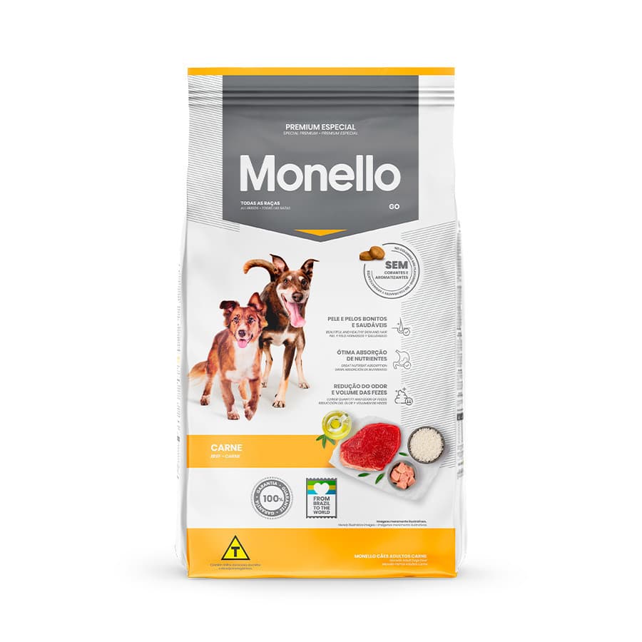 Ração Monello GO Carne 15 kg – Premium Especial para Cães Médios & Grandes – Alta Proteína, Sem Corante