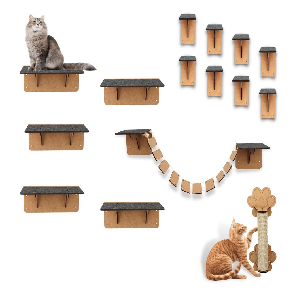 Brinquedo De Gatos Kit Playground 15 Pçs Ponte Prateleira Arranhador Nicho Mdf Diversão Gato