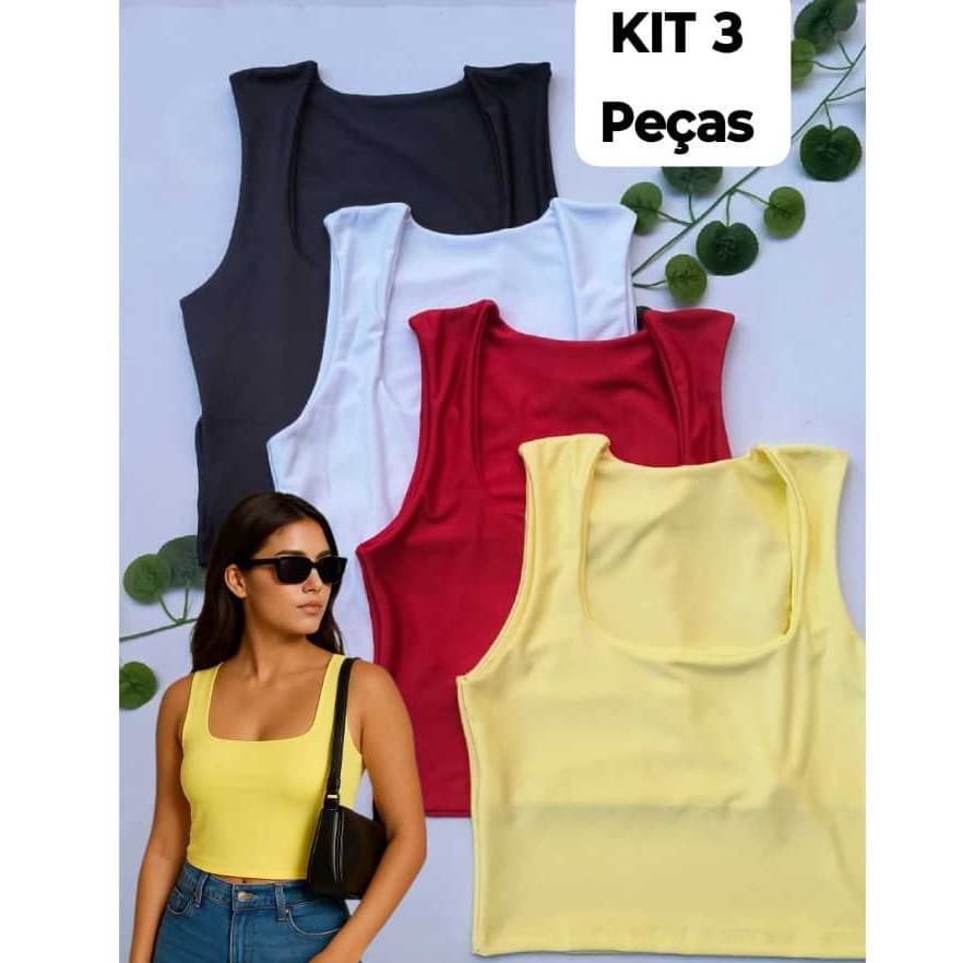 Kit 3 Cropped femenino Decote Quadrado  Forro Duplo Teçido Suplex