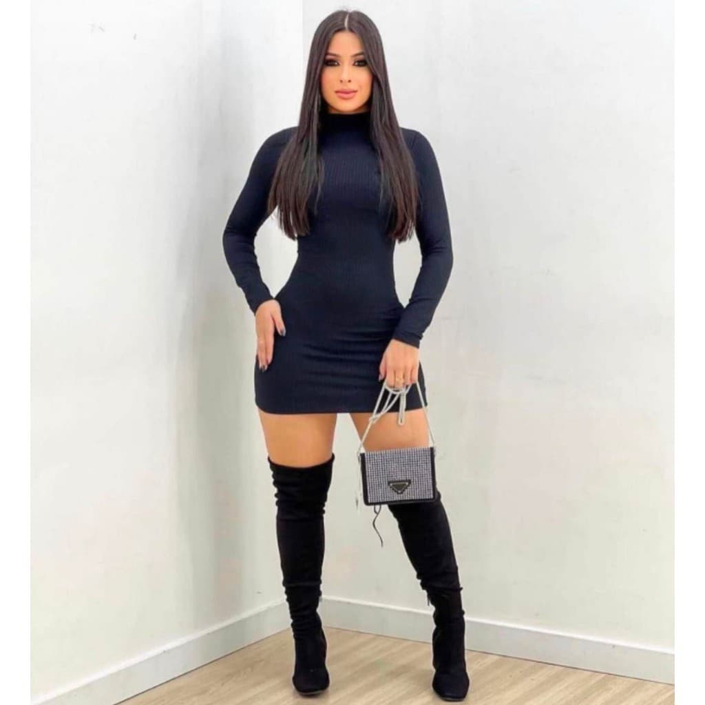 Vestido Feminino Midi Gola Alta Manga longa Canelado