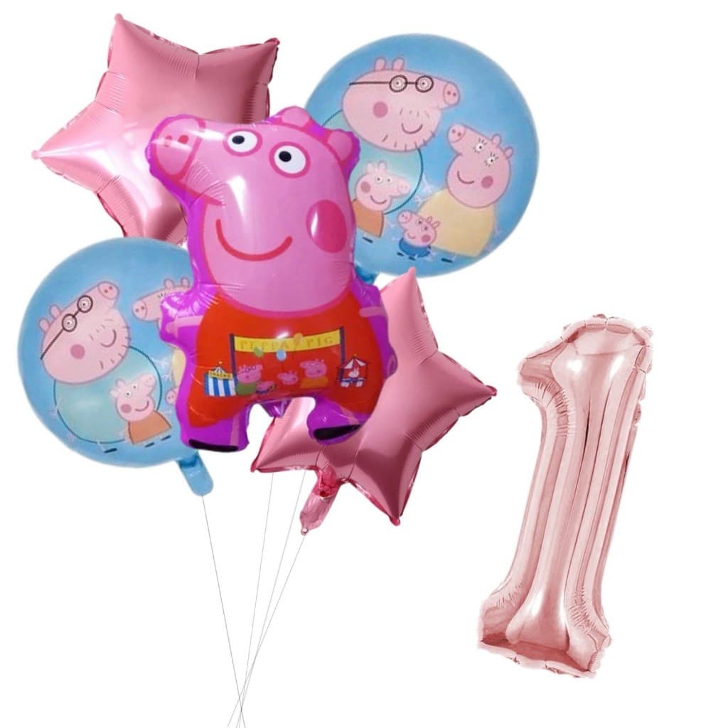 kit Decoração 5 Balão Metalizado Peppa Pig Aniversario Festa + Número Rose Gold Metalizado