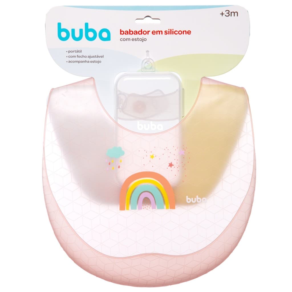 Babador em SIlicone com Pega Migalhas e Estojo Rosa - Buba