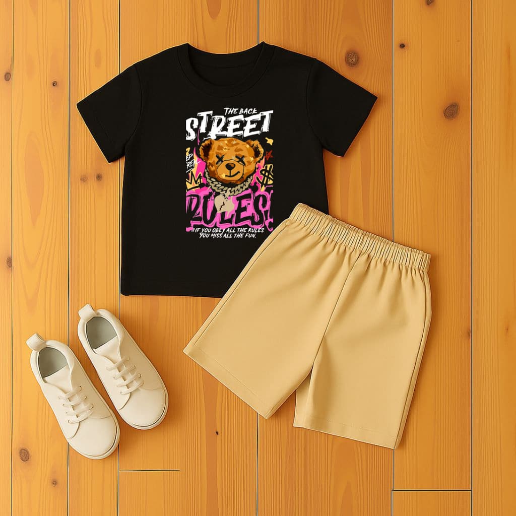 Kit Short Moletinho e Camiseta Algodão para Crianças Estampado Urso Break The Rules