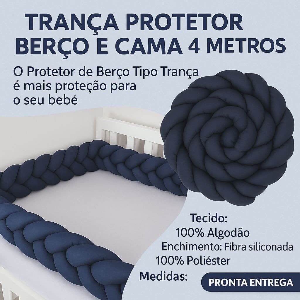 Protetor de Berço Trança 4 Metros Para Grade de Berço Cama Bebê Antialérgica Tecido 100% Algodão