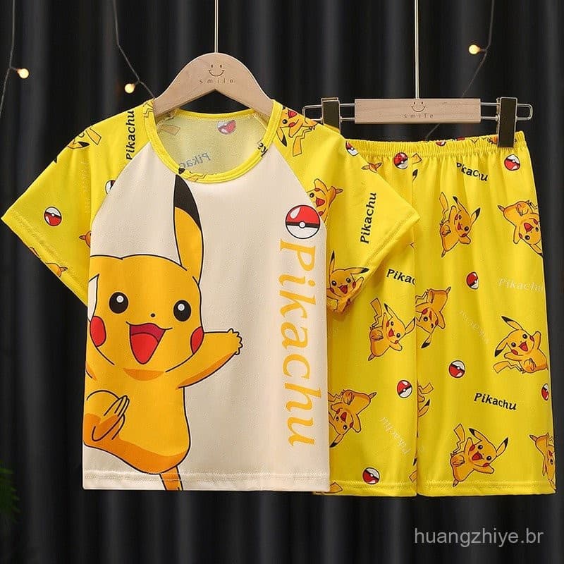 Pijamas Infantil Pikachu Meninos Meninas Verão Desenho Animado Confortável Conjunto de Loungewear de Manga Curta e Short